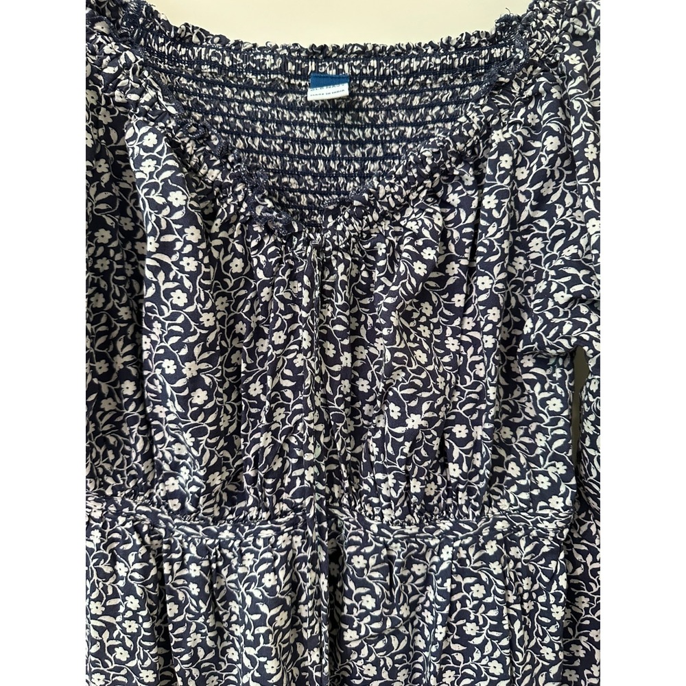 Boho Floral Smocked Dress Womens Small Blue Peasant Cottagecore Pockets - Picture 3 of 8